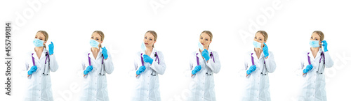 A friendly, beautiful adult woman demonstrating how to put on a surgical mask on an isolated background step by step. a nurse shows how to properly put on a protective medical mask