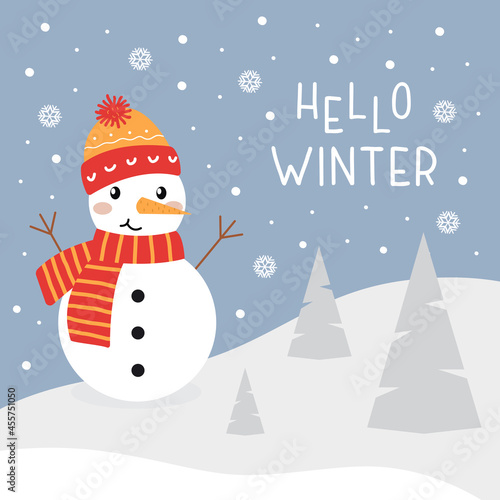 Hello Winter colorful card with snowman  christmas trees  snow and lettering. Vector illustration