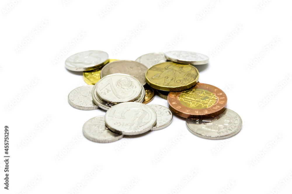 euro coin scattering gold and silver on white isolated background euro coin scattering gold and silver on white isolated background