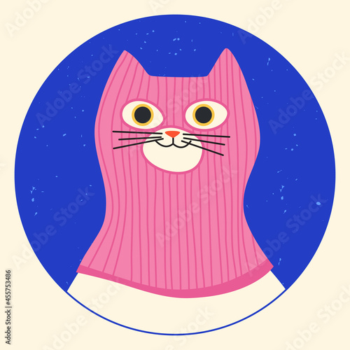 Funny cat wearing balaclava ski mask. Hipster kitten dressed as a robber with a colorful thief mask. Isolated print for T-shirt, poster, mug, and for cricut.