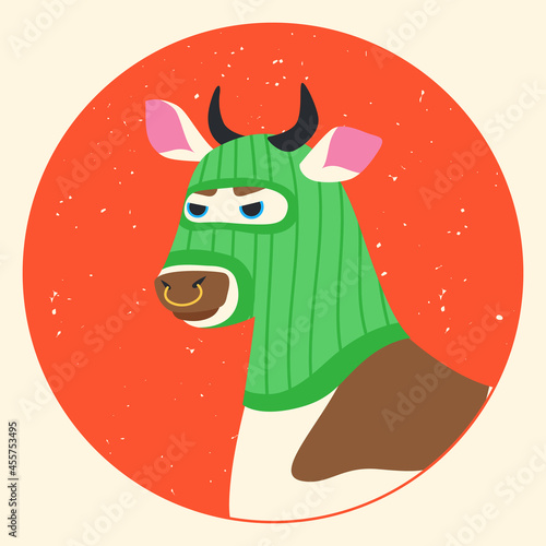 Funny bul or cowl wearing balaclava ski mask. Hipster ox dressed as a robber with a colorful thief mask. Isolated print for T-shirt, poster, mug, and for cricut.