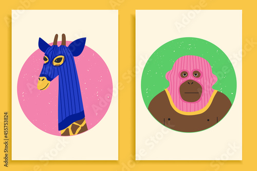 Funny giraffe and monkey wearing balaclava ski mask. Hipster mammal and gorilla dressed as a robbers with a colorful thief masks. Isolated print for T-shirt, poster, mug, and for cricut.