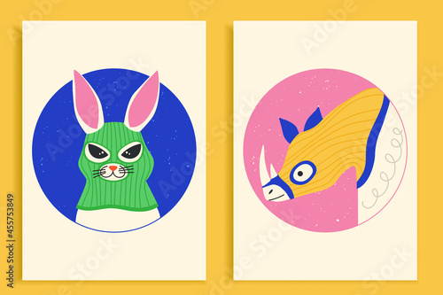 Funny hare and rhino wearing balaclava ski mask. Hipster rabbitand rhinoceros dressed as a robbers with a colorful thief mask. Isolated print for T-shirt, poster, mug, and for cricut.