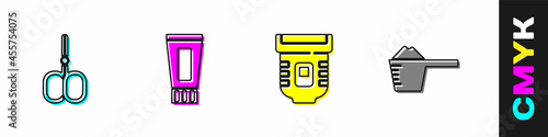 Set Nail scissors, Tube of toothpaste, Epilator and Washing powder icon. Vector