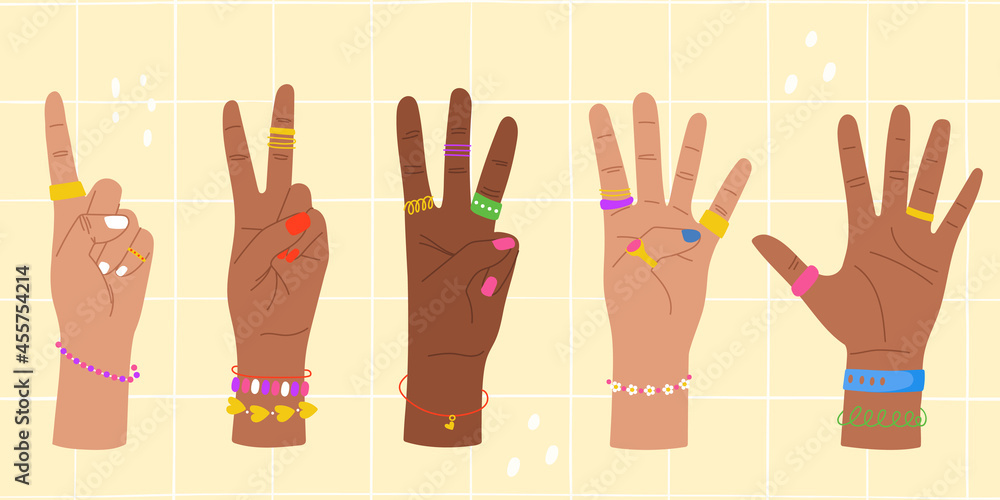 Counting on the fingers. Numbers are shown by hands. Trendy flat design. Isolated objects. Colourful illustration with variety of woman hands gestures.
Counting on the fingers. Numbers are shown by hands. Trendy flat design. Isolated objects. Colourful illustration with variety of woman hands gestures.