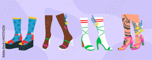 Women wearing high heels. Collection of female legs with stylish shoes, sandals, colorful socks, flowers and tattoos. Trendy colourful vector illustration. Modern summer street style foot wear.