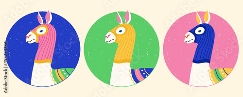 Funny llamas wearing colourful balaclava ski mask. Hipster alpacas dressed as a robber with a colorful thief mask. Isolated print for T-shirt, poster, mug, and for cricut.