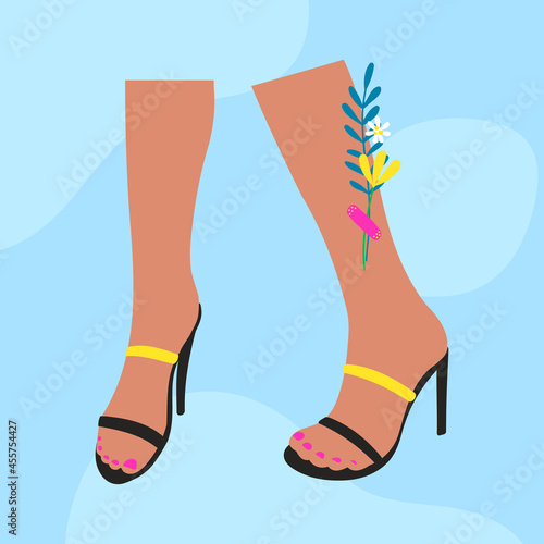 Woman wearing high heels. Female legs with stylish shoes, sandals, colorful socks, flowers. Trendy colourful vector illustration. Modern summer street style foot wear.
