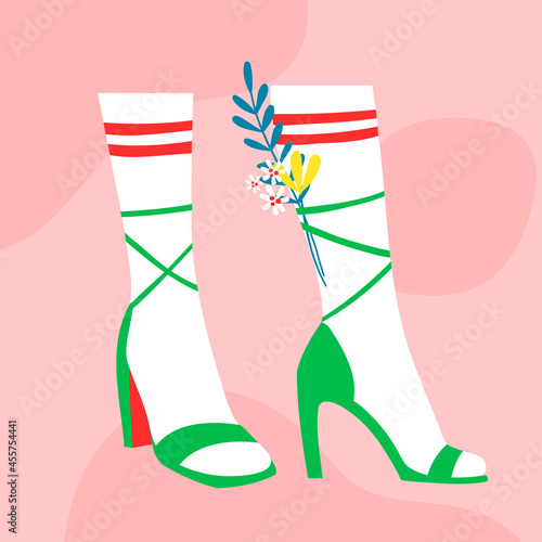 Woman wearing high heels. Female legs with stylish shoes, sandals, colorful socks, flowers. Trendy colourful vector illustration. Modern summer street style foot wear.