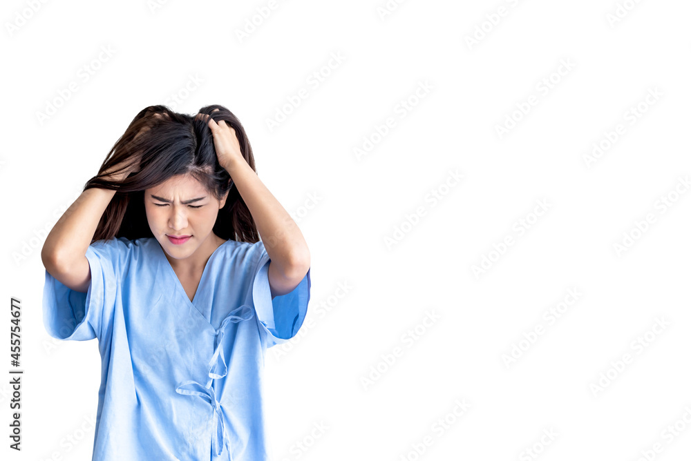 Asian attractive woman patient is 26 year old, is stressed and upset from her own illness, On white isolated background, to people and health care concept. Asian attractive woman patient is 26 year old, is stressed and upset from her own illness, On white isolated background, to people and health care concept.