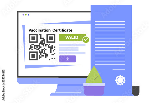 Vaccination certificate on a computer monitor. Digital document. Download the file via the QR code. Protection against coronavirus infection and health care. Vector flat illustration.