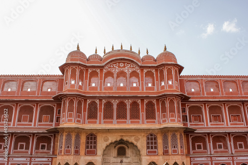 The exterior facade of the ancient City Palace in the city of Jaipur in Rajasthan, India.