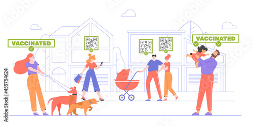 Vaccinated people for a walk. Safe space for health. A girl with a dog, a dad with a baby, a family with a stroller, a woman with packages. Vector flat illustration.