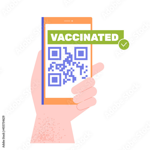 Hand holds smartphone with QR code. Validation vaccination against coronavirus infection certificate online. Digital document. Vector flat illustration.