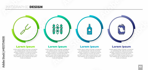 Set Barbecue fork, Grilled shish kebab, Tabasco sauce and Soda can. Business infographic template. Vector