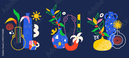 Trendy pottery and ceramic vases with abstract leaves and flowers. Colorful doodle shapes with texture, dots, and stripes. Still life in neon colors. Hand drawn jug, jar, vase pot and plate vector set