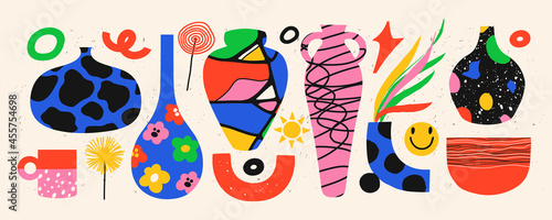 Trendy pottery and ceramic vases with abstract leaves and flowers. Colorful doodle shapes with texture, dots, and stripes. Hand drawn collection with vector jug, cup, vase, pot and plate.
