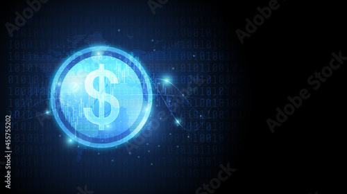 Dollar sign on digital binary code and world map chart in blue color background