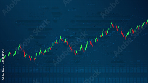 Financial graph with up trend line candlestick chart in stock market and world map on blue color background