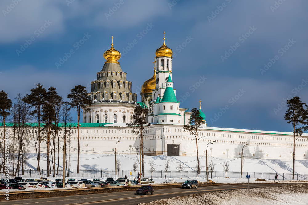 Outside view of the architectural ensemble of the Resurrection New Jerusalem Monastery in the city of Istra in winter. Moscow Region, Russia