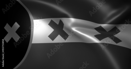 Black and white Lmanburg Flag, Dream SMP Flag with waving folds, L'manberg Flag  close up view, 3D rendering photo