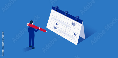 スケジュールの前に立つ鉛筆を持った男性、3Dイラスト、青背景、ベクター