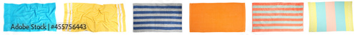 Set with different beach towels on white background, top view. Banner design photo