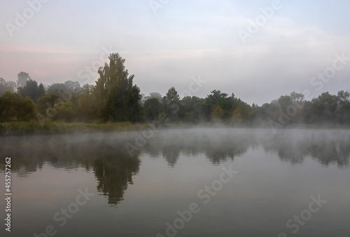 Mists over the ponds on Guldowy in Cieszyn against the background of the sky at dawn