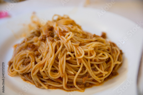Close up of a traditional "Spaghetti Bolognese" in a white plate 