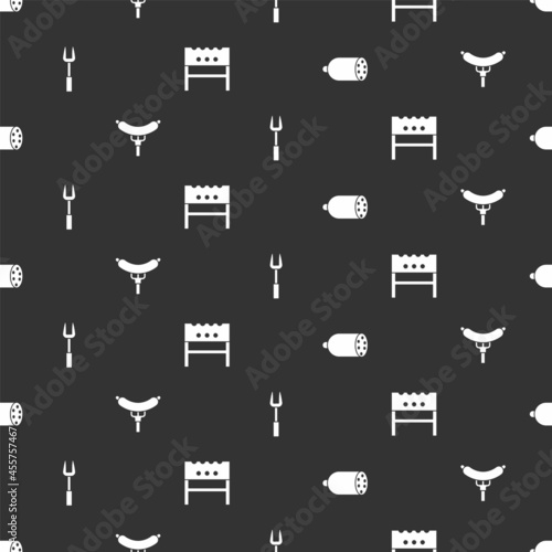Set Salami sausage, Sausage on the fork, Barbecue and BBQ brazier on seamless pattern. Vector