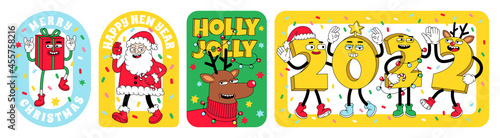 Merry Christmas and Happy New year funny cartoon characters. Sticker pack, posters in trendy weird retro cartoon style.