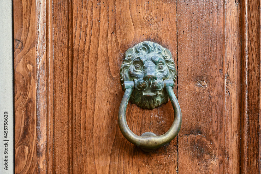 Detail of a wooden door with a knocker of oxidized metal in the shape of a lion's head, Tuscany, Italy