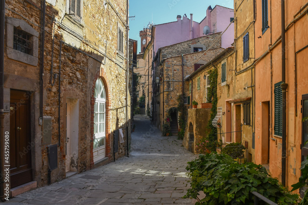 A narrow alley in the old village of Castagneto Carducci in the Maremma area of Tuscany with the typical stone houses, Italy