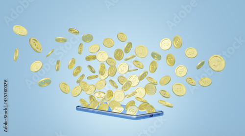 Coin spread flew out of phone on blue background. Mobile banking and Online payment service. Saving money wealth and business financial concept. Smartphone money transfer online. 3d render. photo