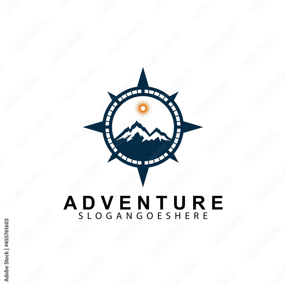 Fototapeta premium Mountain adventure logo design. Compass icon symbol