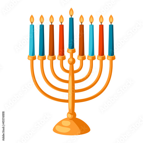 Happy Hanukkah illustration of menorah with candles. Holiday icon in cartoon style.