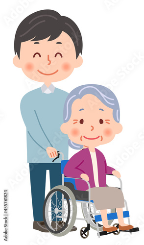 若い男性と車椅子のおばあさん