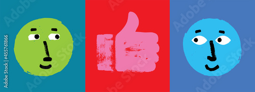 Two cartoon faces with like hand symbol in between 