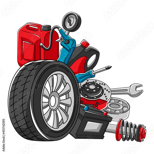 Car service illustration. Auto center repair concept for advertising with transport items.