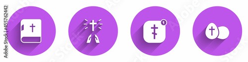 Set Holy bible book, Hands in praying position, Online church pastor preaching and Easter egg icon with long shadow. Vector
