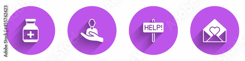 Set Medicine bottle and pills, Caring for people, Help sign and Envelope with Valentine heart icon with long shadow. Vector