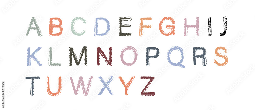 Colorful alphabet from brush strokes. Grunge decorative calligraphy.