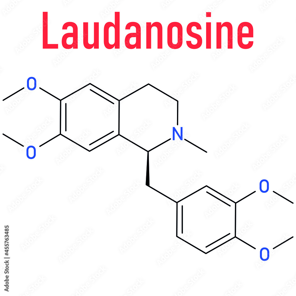 Laudanosine papaver alkaloid molecule. Skeletal formula. Laudanosine papaver alkaloid molecule. Skeletal formula.