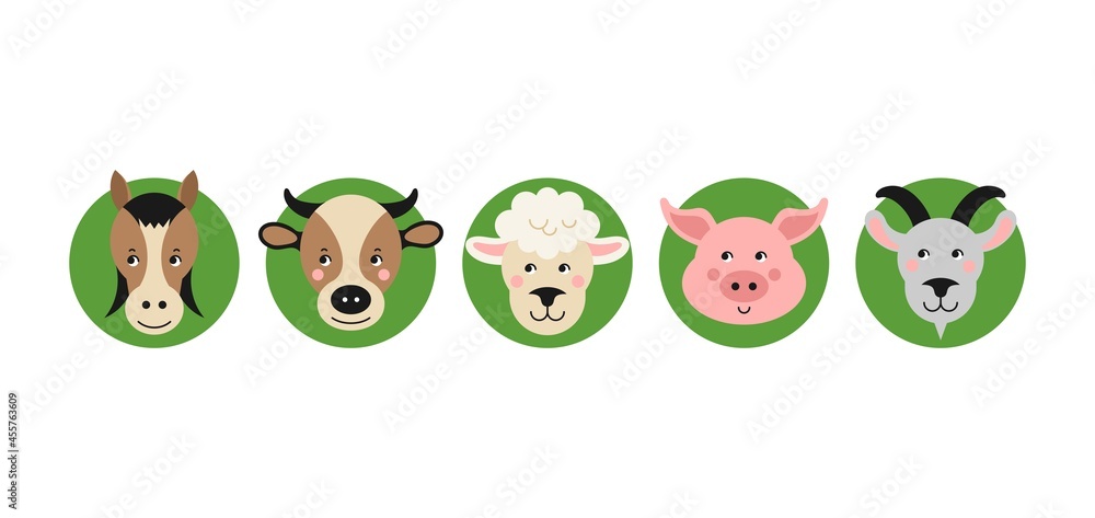 Fototapeta premium Cute farm animals. Cartoon pig, cow, horse, sheep, goat. Vector illustration