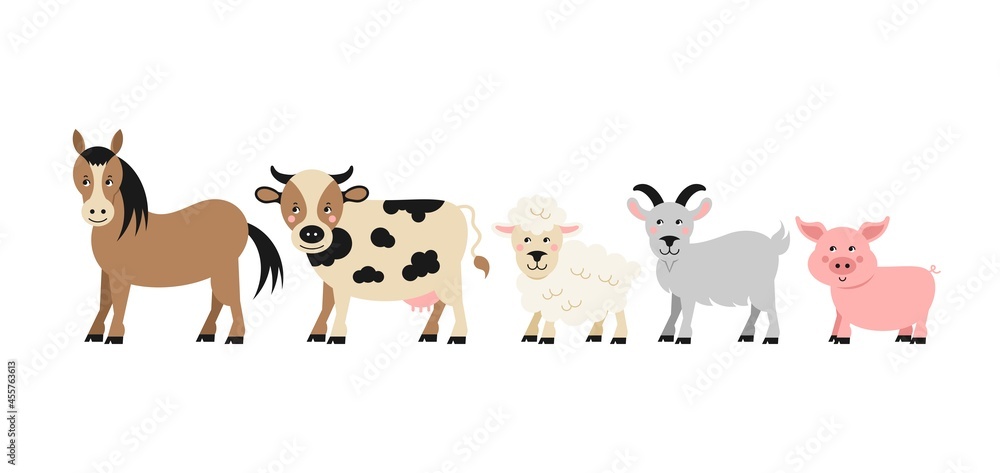 Cute farm animals. Cartoon pig, cow, horse, sheep, goat. Vector illustration