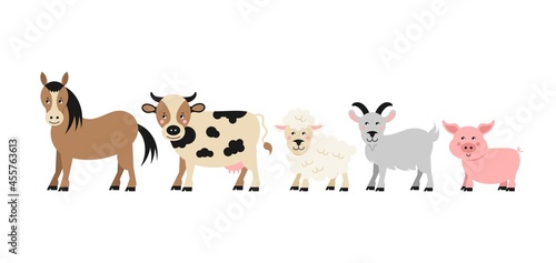 Cute farm animals. Cartoon pig  cow  horse  sheep  goat. Vector illustration