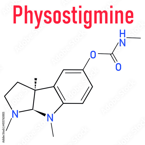 Physostigmine alkaloid molecule. Present in calabar bean and manchineel tree, acts as acetylcholinesterase inhibitor. Skeletal formula. photo