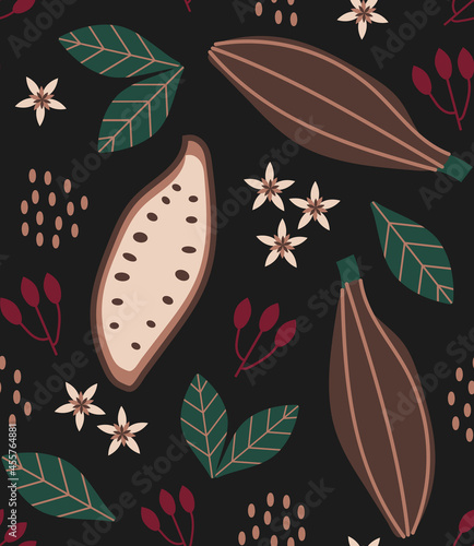 cocoa tree seamless pattern. simple dark vector ornament with cocoa beans leaves and flowers. 