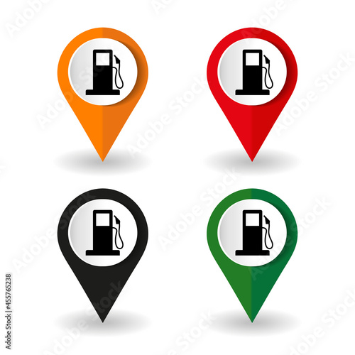 Gas petrol fuel station pin pointer marker icon vector, gasoline refill pump map location position sign, locator symbol flat pictogram