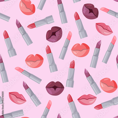 Seamless pattern with juicy bright lips and lipsticks. Sexy female lips on a light background. Vector